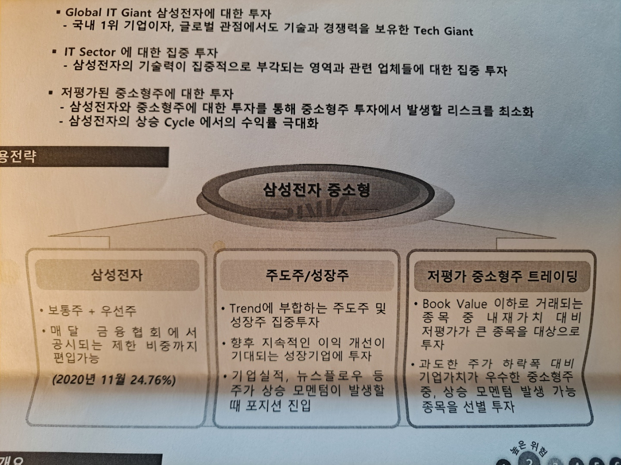 한 지방은행 서울지점 창구에서 추천한 삼성전자 중소형 혼합 펀드 설명. [홍승희 기자]
