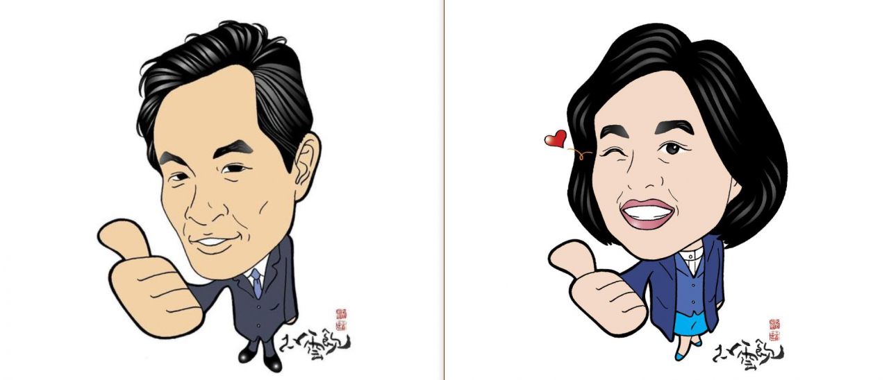 ‘고(故) 노무현 전 대통령 전문 화백’ 박운음 작가가 그린 우상호 더불어민주당 의원, 박영선 전 중소벤처기업부 장관 캐리커처. [각 후보 페이스북]
