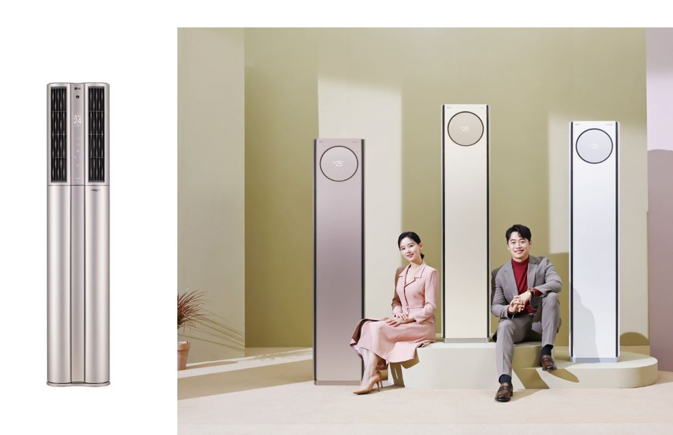 완쪽 LG전자 2020년 LG 휘센 씽큐 에어컨, 오른쪽 2021년 신제품 ‘LG 휘센 타워’ [LG전자 제공]