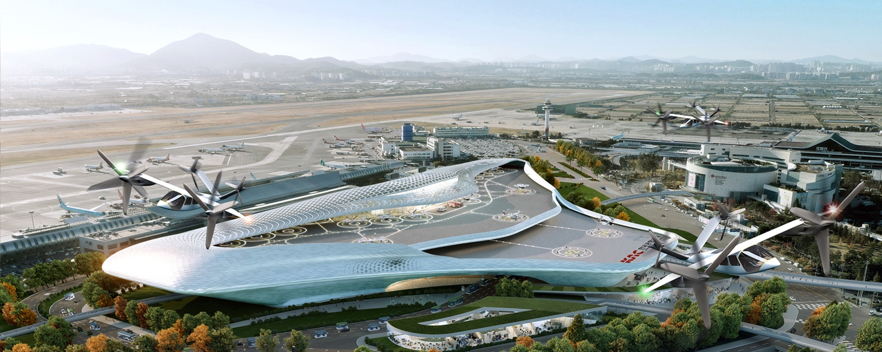SK텔레콤, 한국공항공사, 한화시스템, 한국교통연구원이 추진하는 도심항공모빌리티(UAM) 서비스 조감도. 김포공항에 구축을 검토 중인 ‘버티허브(Verti-hub)’는 UAM용 터미널인 ‘버티포트(Vertiport)’의 상위개념으로, UAM과 다른 교통수단을 연결하는 역할을 한다. [한국공항공사 제공]