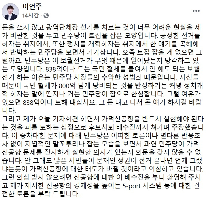 이언주 전 의원 페이스북 일부 캡처.