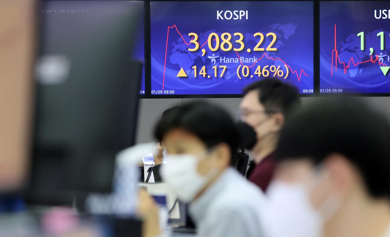 29일 코스피 지수는 전장보다 9.68포인트(0.32%) 오른 3,078.73에 시작해 상승 흐름을 보이고 있다. [연합]