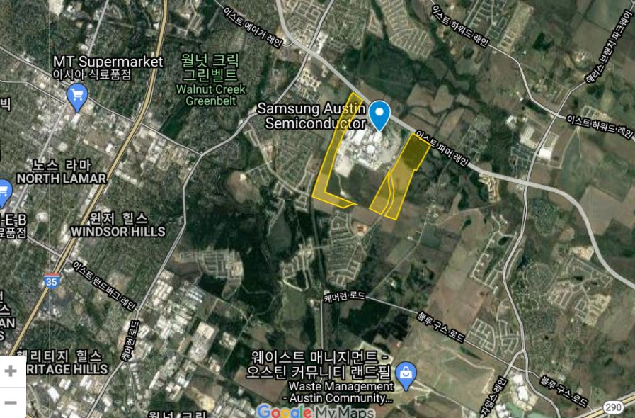미국 오스틴에 있는 삼성전자 오스틴 반도체 사업장 지도. 삼성전자는 오스틴 공장 인근 삼성로(路) 재정비 작업을 위해 노란 부분으로 표시된 2개의 통행권을 비워달라고 오스틴 시의회에 요청했으며, 최근 시는 이를 승인했다. [오스틴 비즈니스 저널 캡처]