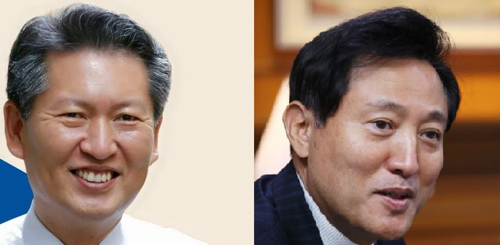 정청래 더불어민주당 의원(왼쪽)과 오세훈 전 서울시장