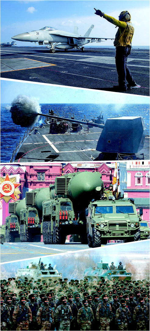 ① 미 해군 항공모함에서 F/A-18 슈퍼호넷이 이륙하는 장면. [AP]② 미 해군이 지난해 12월 인도양에 파견된 구축함에서 실사격훈련을 실시하고 있다. [EPA]③ 지난해 6월 모스크바 붉은광장에서 개최한 전승기념일 행사에서 러시아의 신형 대륙간탄도미사일(ICBM)인 RS-24 야르스 등의 전략무기가 공개되고 있다. [AP]④ 대만군이 지난달 19일(현지시간) 대만 북부지역에서 군사훈련을 실시하고 있다. [로이터]