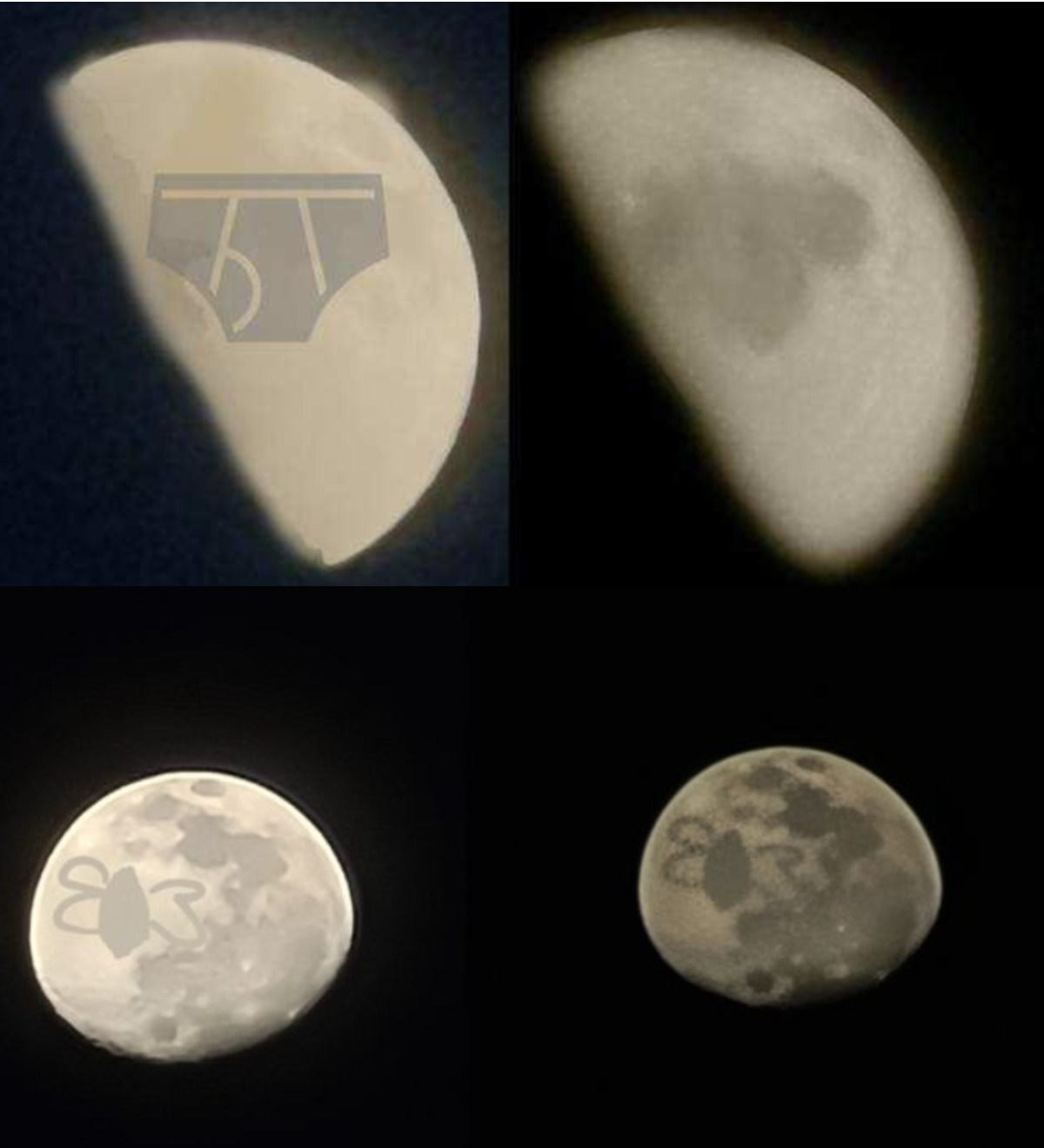 지난 2019년 출시된 화웨이의 스마트폰 P30프로는 출시 당시 촬영 성능을 강조하며 스마트폰으로 촬영했다는 선명한 달 사진을 공개했지만, 업계에선 인공지능(AI)에 기반한 이미지 합성일 뿐이라는 논란이 일었다. 위 사진은 당시 한 업계 관계자가 의혹을 제기하며 올린 사진. 달 사진에 위에 그려넣은 ‘팬티 도안’을 촬영하자 분화구처럼 변형됐다.[웨이보, 왕웨쿤]. 최근 삼성전자 플래그십 스마트폰 갤럭시S21 역시 달 촬영 기능을 홍보했는데, 온라인 커뮤니티 등에서 2년 전 화웨이와 동일한 논란을 빚고 있다. 아래 사진을 보면, 달 사진 위에 그려넣은 꿀벌 그림을 촬영하자 달 표면처럼 처리된 것을 알 수 있다. [미니기기코리아]