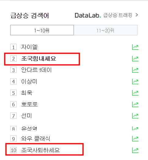 2019년 조국 전 법무부 장관의 임명 과정에서 찬반 양측이 네이버 급상승 검색어 순위를 놓고 세력 대결을 벌이던 모습 [네이버 캡처]