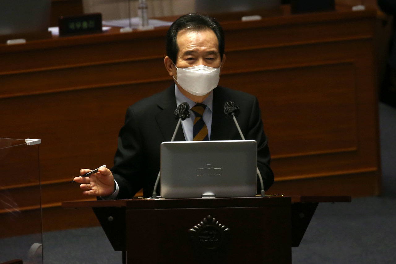 정세균 국무총리가 5일 국회 본회의에서 진행된 경제분야 대정부질문에서 답변하고 있다. [헤럴드경제=이상섭 기자]