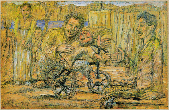 이중섭, 시인 구상의 가족, 1955, 종이에 연필, 유채, 32&times;29.5cm, 개인 소장. [현대미술관 제공]