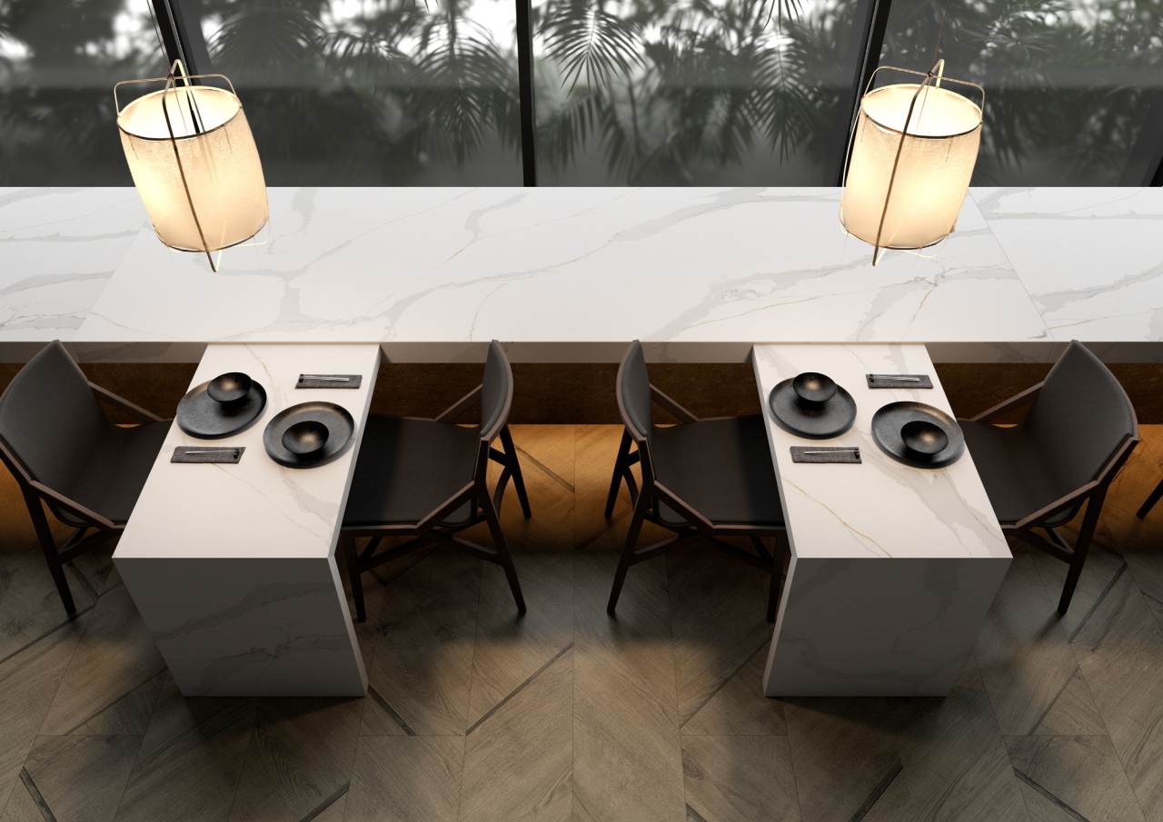 LG Hausys’ engineered stone Viatera and Calaccata applied to a restaurant setting. (LG Hausys)