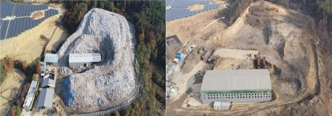 경북 의성군 단밀면 ‘쓰레기 산’ 처리 전·후 모습.[의성군 제공]