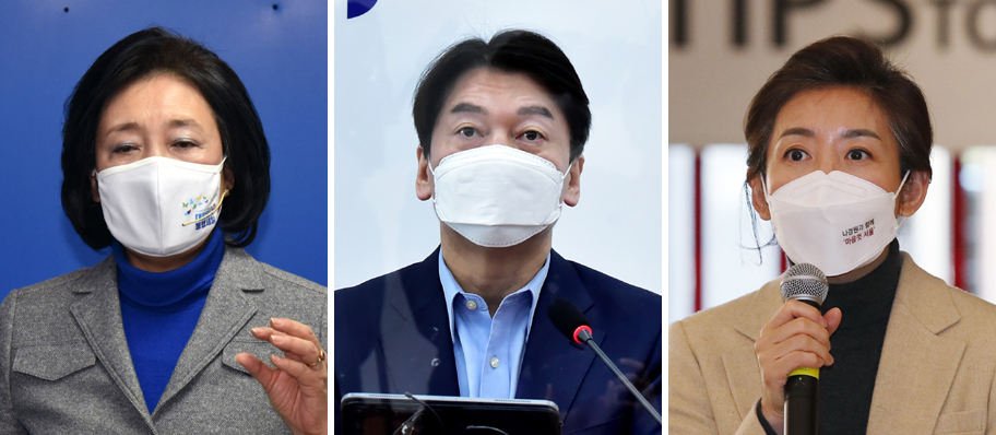 (왼쪽부터) 박영선 더불어민주당 예비후보, 안철수 국민의당 대표, 나경원 국민의힘 경선후보. [연합]