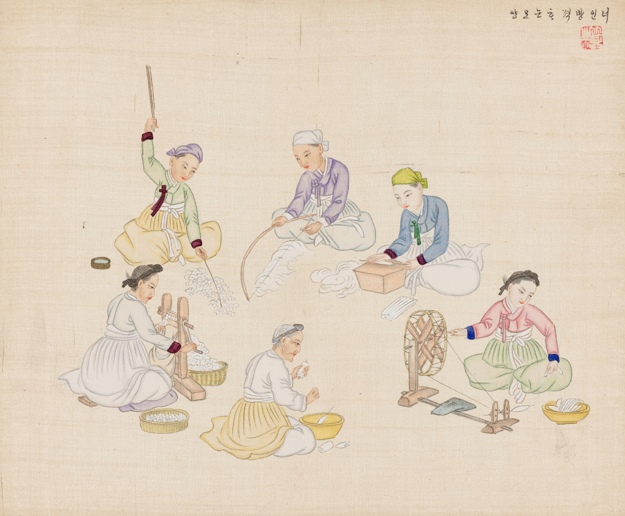 방직하는 모습. 방직 프로세스에 참여한 여인들의 눈빛이 일관되게 중립적이다. 생활경제 실상 그대로 팩트 전달에 주력했다는 느낌이 든다.