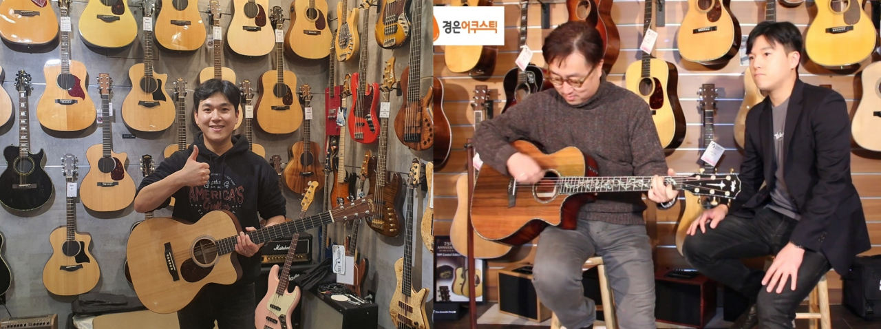 매장에서 악기를 직접 소개하는 김효식씨(왼쪽), 경은 상사 유튜브에 출연한 사진 (오른쪽) [사진=김빛나 기자, 경은 상사 유튜브]