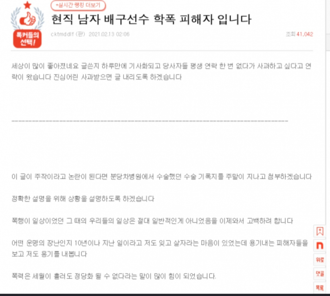 온라인 커뮤니티 네이트판에 올라온 현직 남자 배구선수 학폭 피해자 글. [네이트판 캡처]