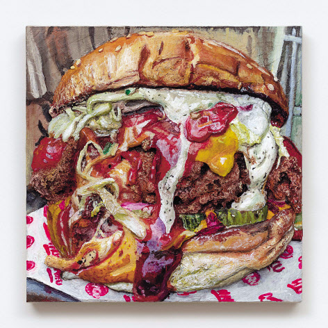 지나 비버스, Seoul Bistro Fire Burger, 2020, Acrylic on linen on panel, 40.6 x 40.6 x 10.2 cm[[VSF갤러리]