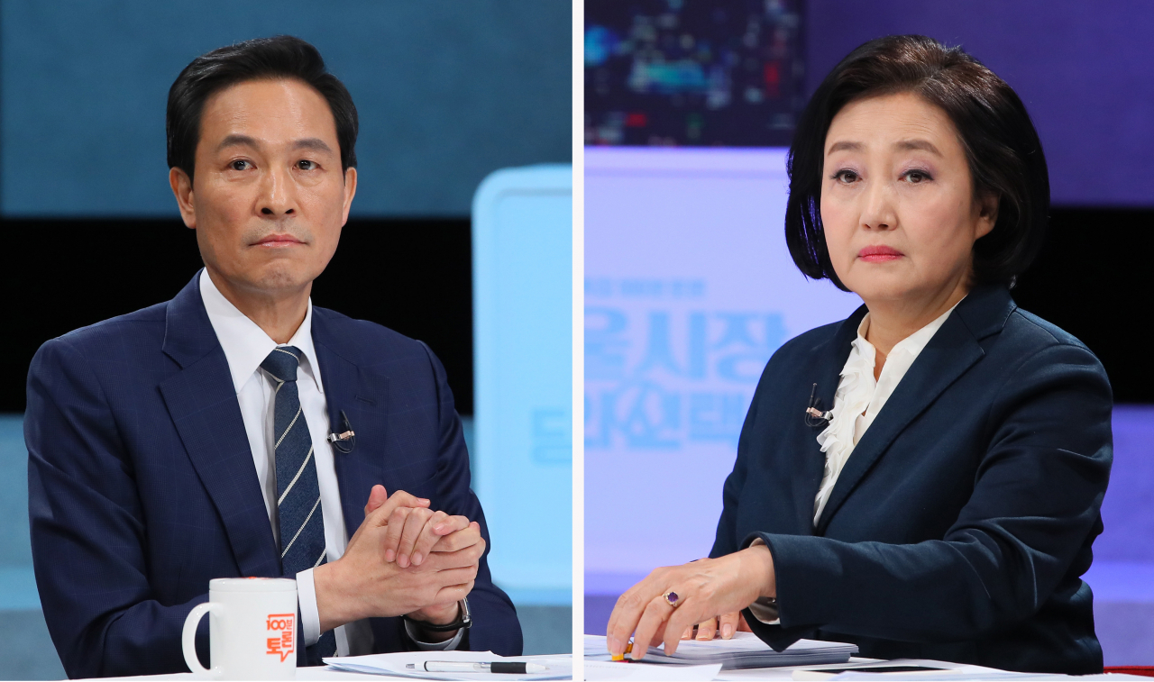 우상호(왼쪽)·박영선 더불어민주당 서울시장 경선후보가 지난 15일 서울 마포구 상암동 MBC에서 열린 ‘100분 토론’에서 경선 토론을 하고 있다. [연합]