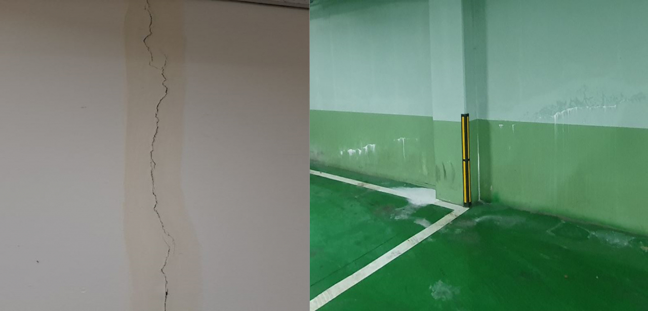 서울컨벤션고등학교 측은 지난해 10월부터 시작된 발파작업으로 인해 지하 1층 제과·제빵실습실 앞 벽면(왼쪽)과 지하주차장 벽에 균열이 가고 물이 새기 시작했다고 주장했다. [서울컨벤션고등학교 제공]