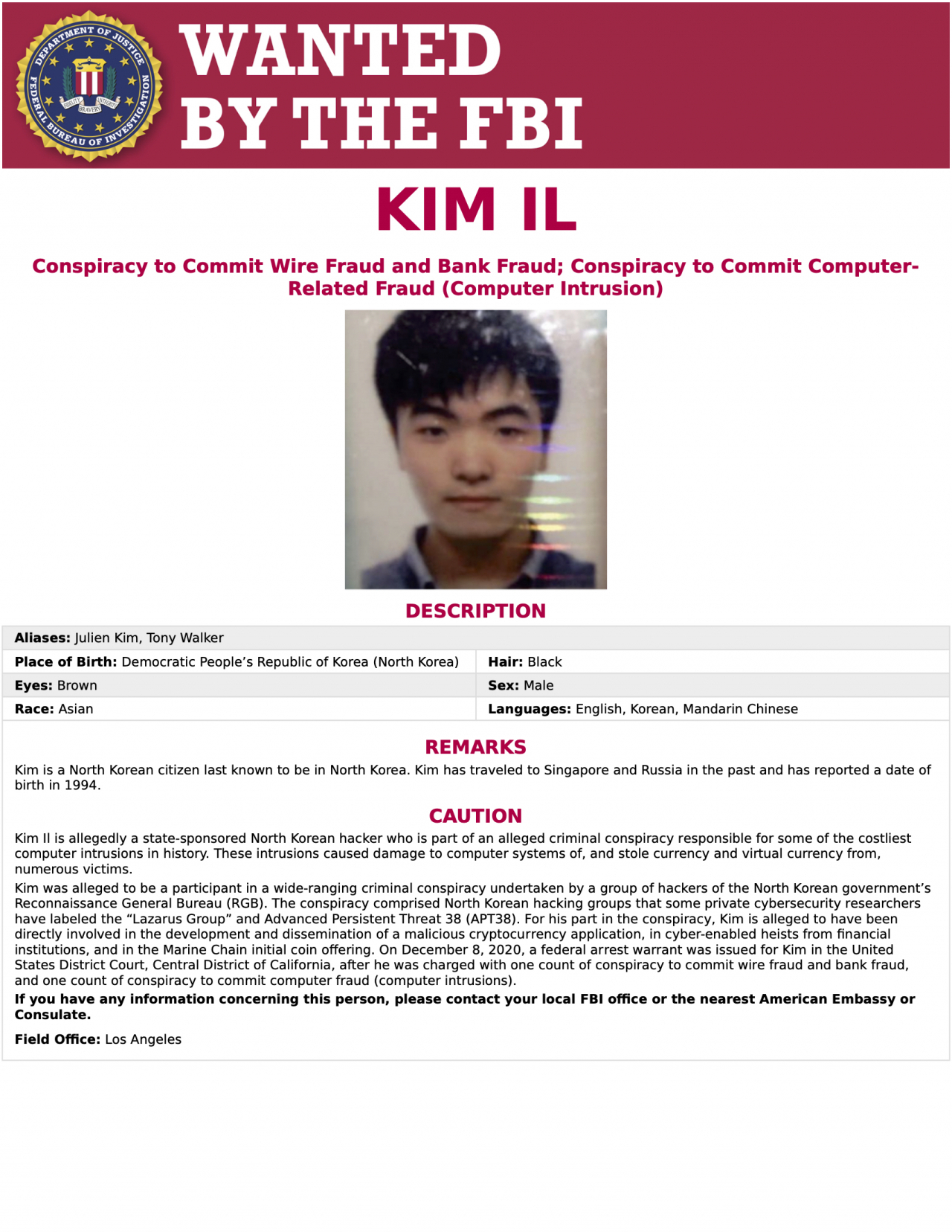 미국 법무부가 제작·배포한 북한 정찰총국 소속 해커 김일에 대한 수배 포스터. [AP]
