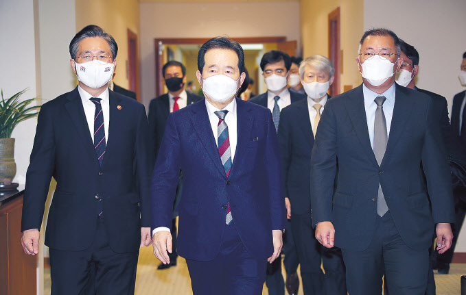 정세균 국무총리(가운데)가 성윤모 산업통상자원부 장관(왼쪽), 정의선 현대차그룹 회장(오른쪽) 등과 18일 경기도 화성시 현대차 남양기술연구소에서 열린 국정현안점검조정회의에 입장하고 있다. [연합]