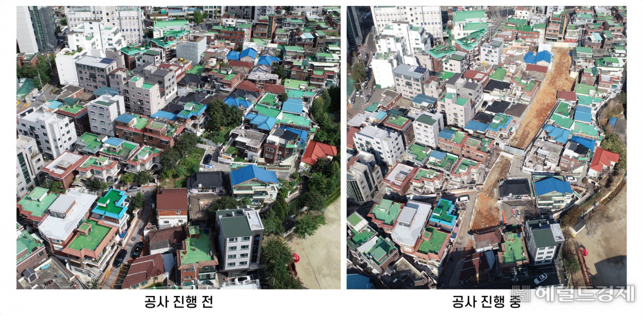 은천로 24길 주변 도로 개설 공사 전과 현재의 모습. [관악구 제공]