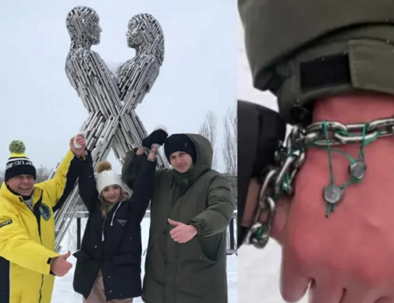 우크라이나 커플이 지난 14일(현지시간) 수도 키예프에 있는 통일의 상 앞에서 서로의 손목에 사슬을 차고 3개월간 유지하는 도전에 나섰다. [East2West 캡처]