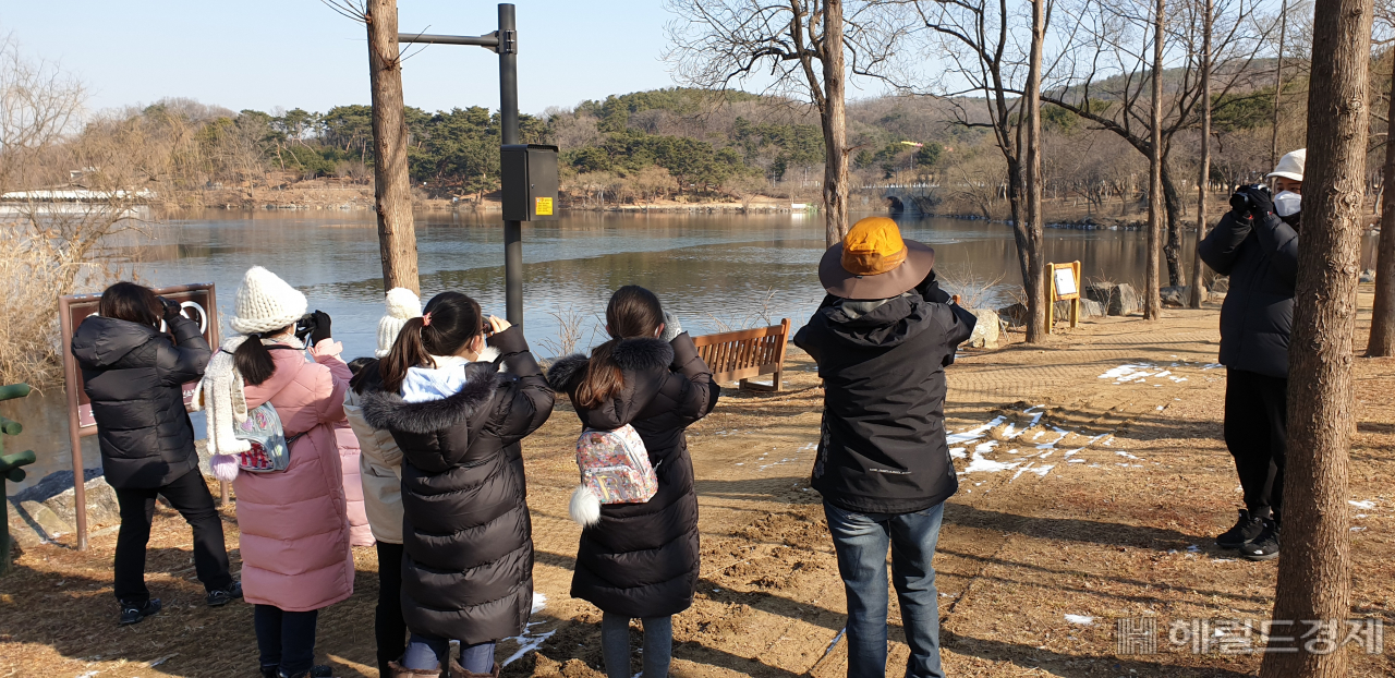 철새를 망원경으로 관찰하는 활동 모습. [서울대공원 제공]