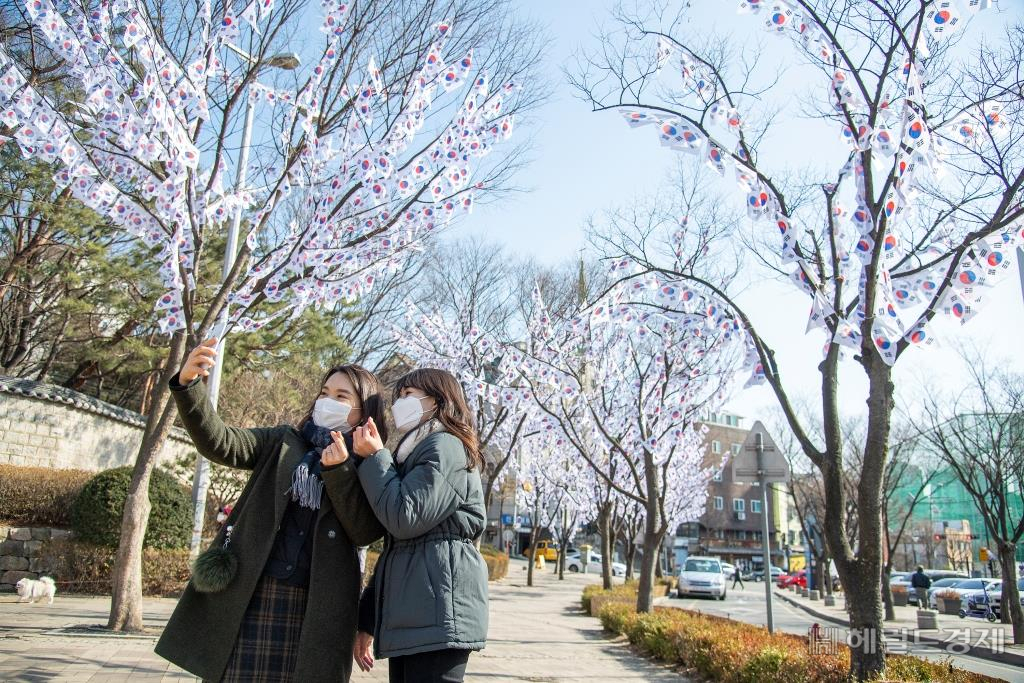 24일 오전 효창공원을 찾은 시민들이 태극기 트리 앞에서 사진을 찍고 있다. [용산구 제공]