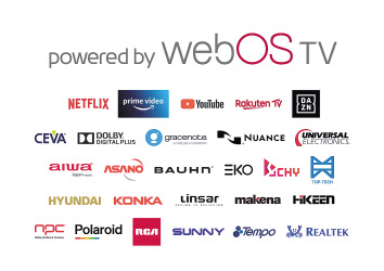 webOS 플랫폼을 적용한 TV 예시 이미지(위쪽). webOS TV 글로벌 콘텐츠 및 기술 솔루션 파트너사 로고. [LG전자 제공]