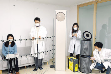 LG전자 연구원들이 공기과학연구소에서 미세먼지제거능력을 시험하고 있는 모습.
[LG전자 제공]
