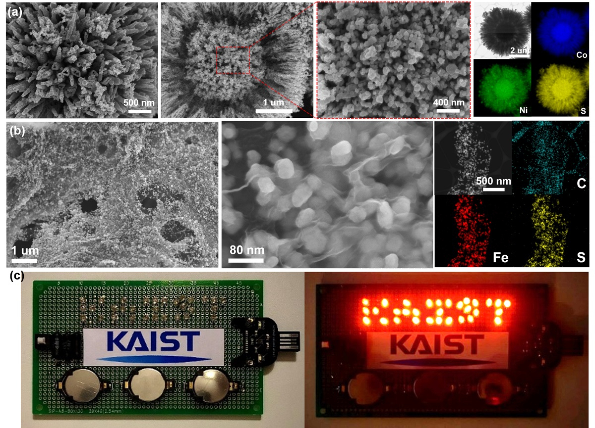 개발한 하이브리드 수계 배터리 양극과 음극 실제 이미지와 구동 모습.[KAIST 제공]