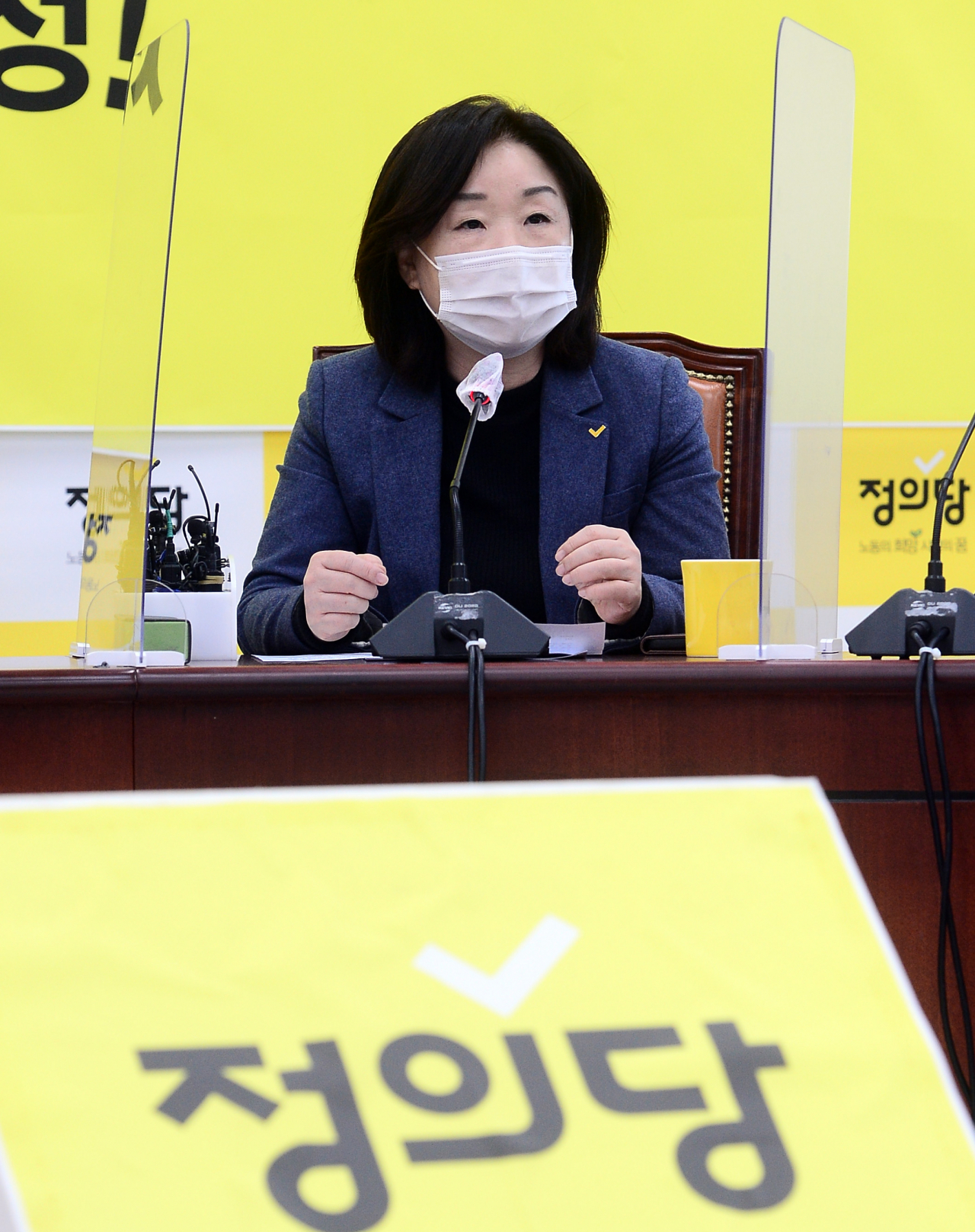 정의당 심상정 의원이 지난 23일 국회에서 열린 의원총회에서 발언하고 있다. [연합]