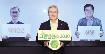 김준(가운데) SK이노베이션 사장이 지난해 5월 조경목(왼쪽) SK에너지 사장, 나경수 SK종합화학 사장과 화상회의를 통해 그린밸런스 2030 실행의지를 다지고 있는 모습. [SK이노베이션 제공]