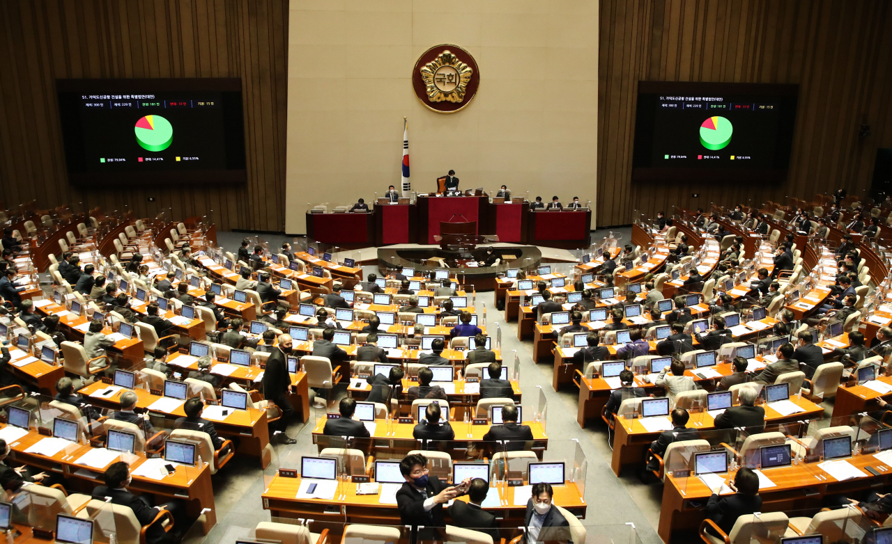 26일 오후 국회 본회의에서 '가덕도신공항 건설을 위한 특별법안(대안)'이 재석 229인 찬성 181인 반대 33인 기권 15인으로 가결되고 있다. [연합]