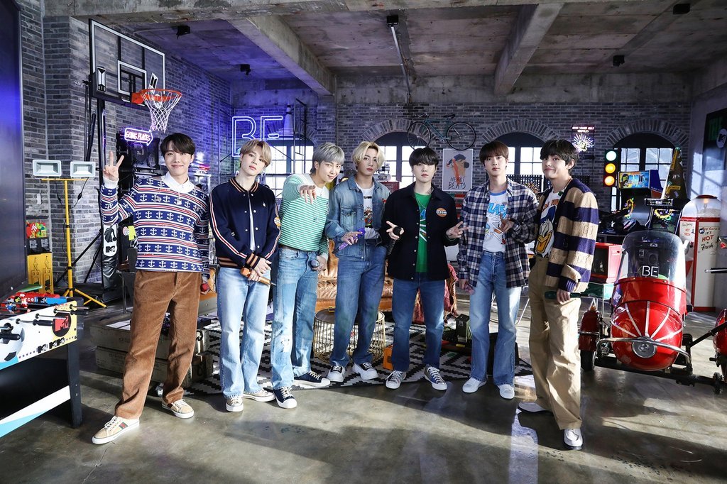 This photo, provided by Big Hit Entertainment on Feb. 24, 2021, shows BTS on a set for "MTV Unplugged." (Yonhap)