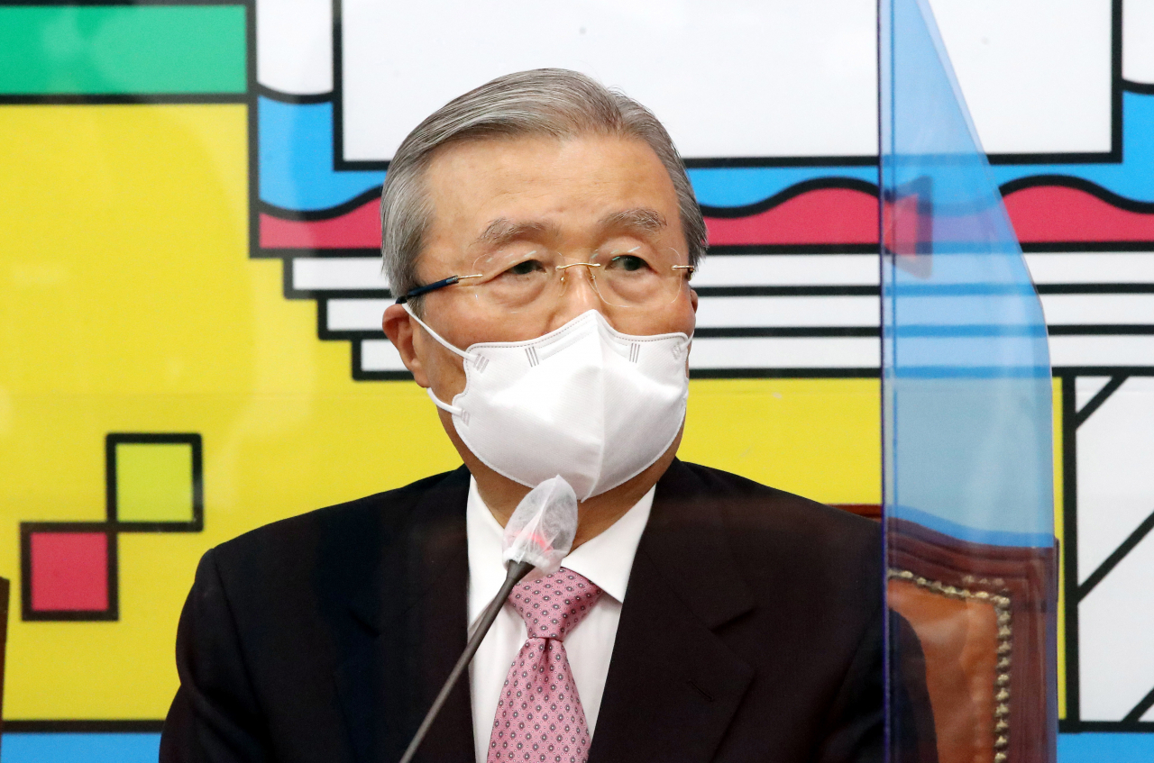 국회에서 열린 서울시장 예비후보 간담회에서 발언하고 있는 국민의힘 김종인 비상대책위원장. 연합]