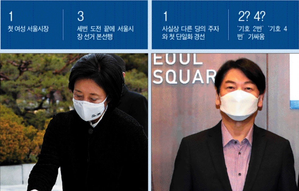 2일 오전 서울 동작구 국립서울현충원 현충탑을 찾아 분향하고 있는 박영선 더불어민주당 서울시장 후보(왼쪽)와 같은 날 서울 중구 주한유럽상공회의소를 방문한 안철수 국민의당 서울시장 후보. [연합]