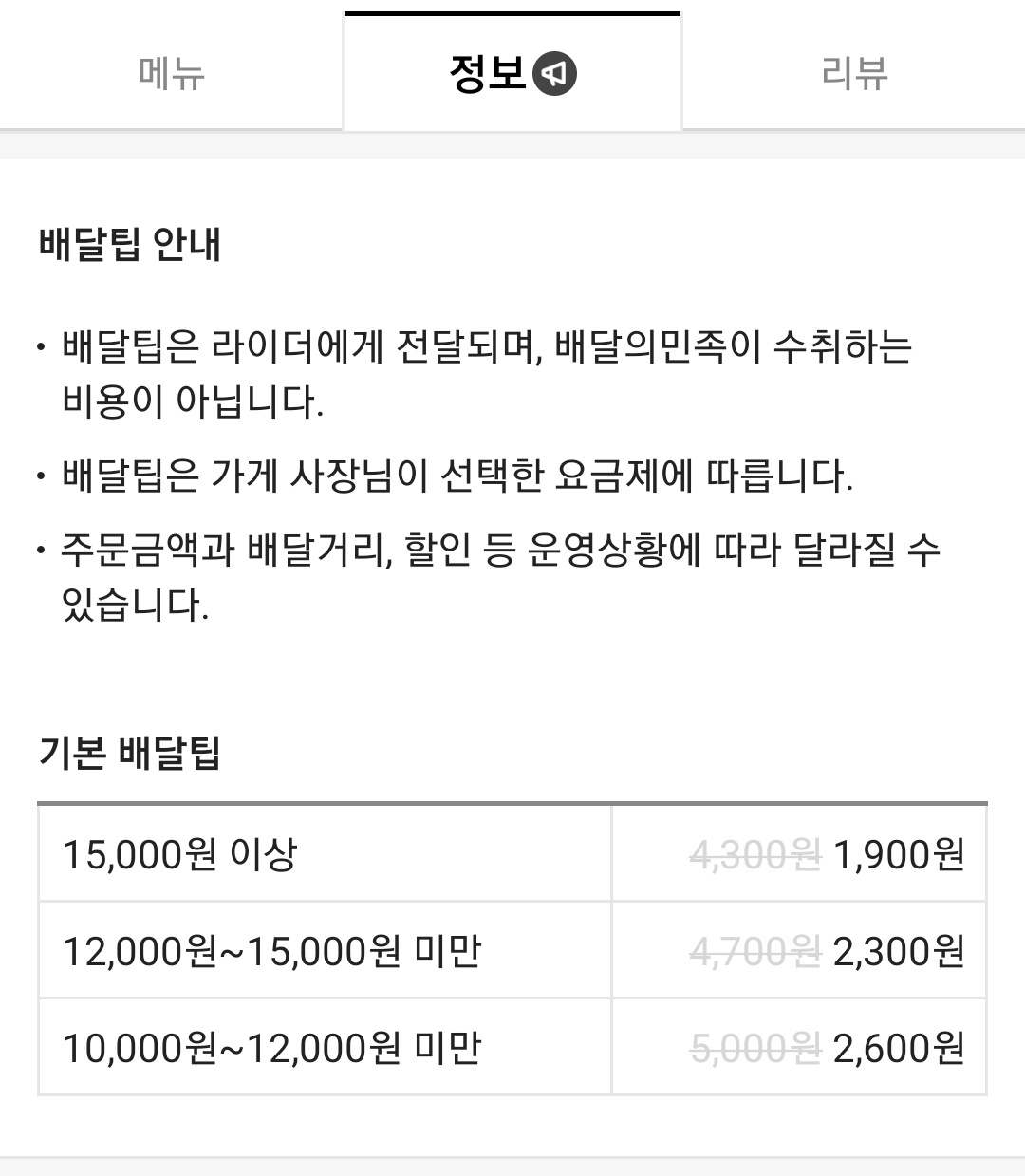 가게 정보란에 기본 배달팁 안내사항을 공개하고 있는 배달의민족 [배달의민족 캡처]