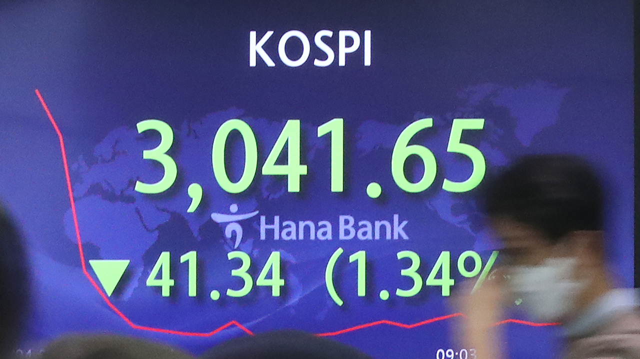 4일 코스피가 장 초반 1% 이상 하락하고 있다. 코스피 지수는 6.11포인트 내린 3,076.88에 시작한 뒤 낙폭을 확대했다. 코스닥 지수도 1.71포인트(0.18%) 내린 929.09에 출발한 뒤 1%대 하락 흐름을 보이고 있다. 사진은 이날 서울 중구 하나은행 본점 딜링룸. 연합뉴스