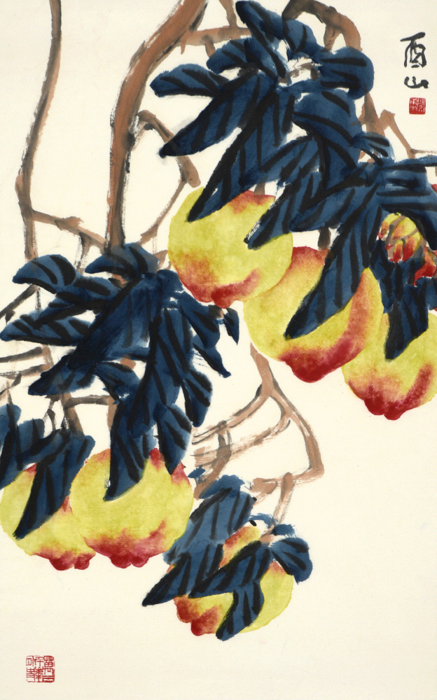 유산 민경갑, 천도 (天桃), 63.6&times;40cm, 종이에 수묵담채