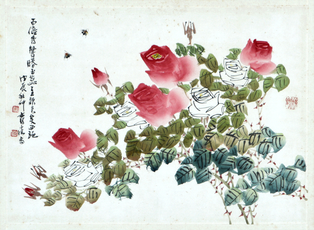 청당 김명제, 장미 (薔薇), 40&times;57.4cm, 종이에 수묵담채