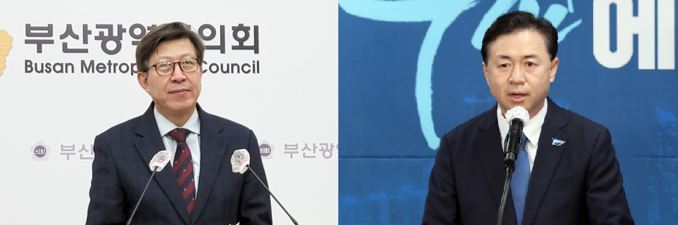 4.7 부산시장 보궐선거에서 맞붙는 박형준 국민의힘 후보(왼쪽)와 김영춘 더불어민주당 후보 [연합]