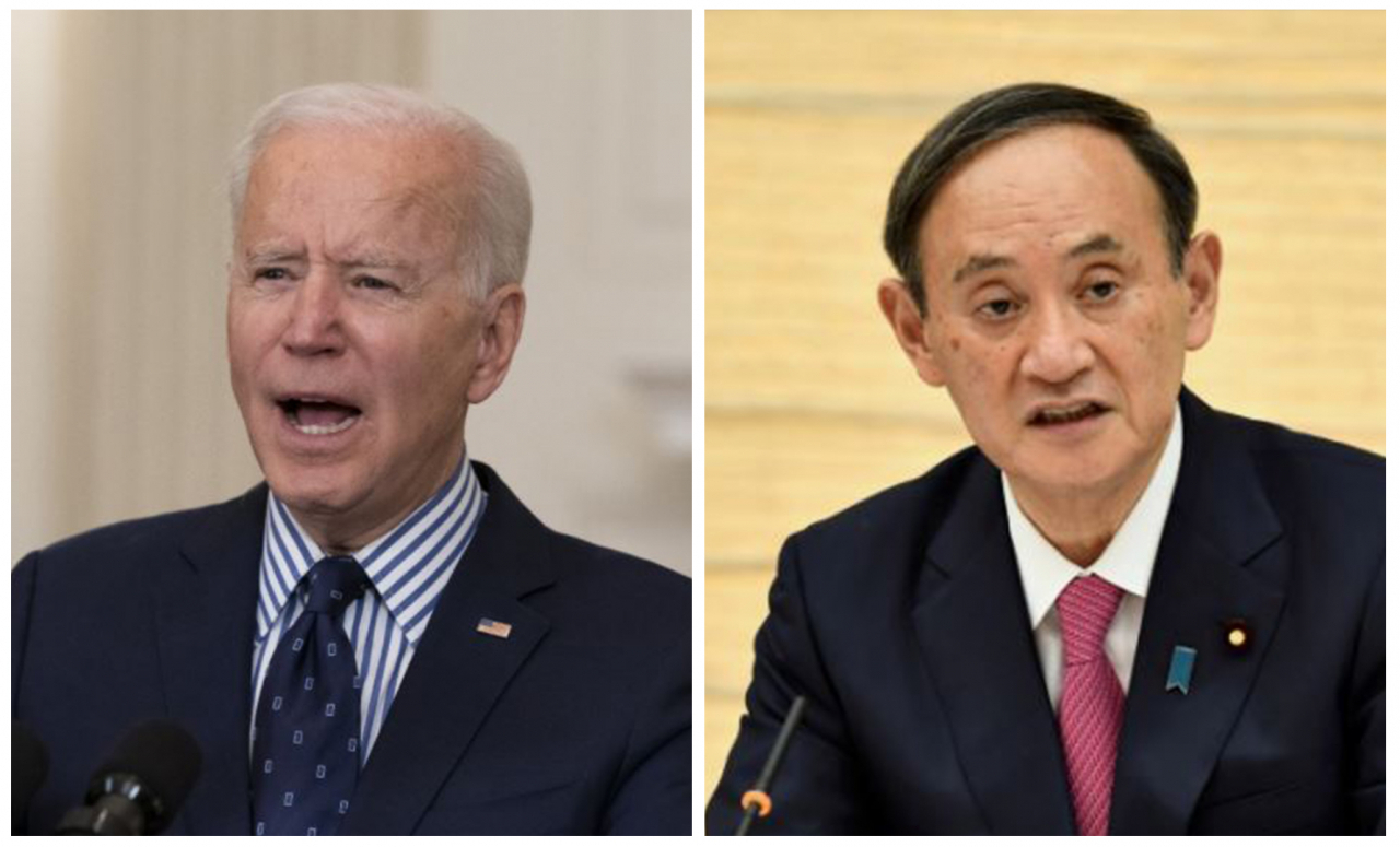 조 바이든(왼쪽) 미국 대통령과 스가 요시히데(菅義偉) 일본 총리의 모습. [AP, 로이터]
