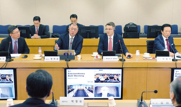 지난 2019년 현대모비스가 화상으로 개최한 글로벌 콘퍼런스 이사회에서 정의선 현대차그룹 회장이 사외이사들과 대화를 나누고 있는 모습. [현대모비스 제공]