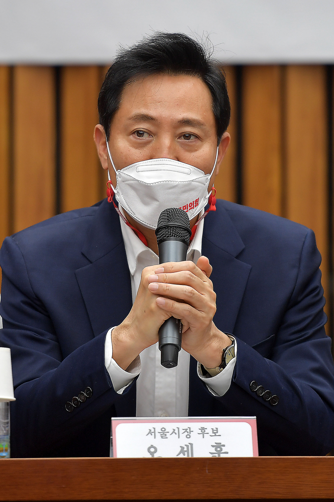 국민의힘 오세훈 서울시장 후보가 지난 8일 국회에서 열린 서울·부산시장 후보 및 시·도당위원장 연석회의에서 인사말을 하고 있다. [연합]