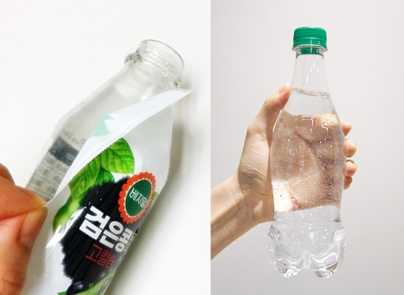 '에코라벨'을 이용한 정식품 ‘베지밀 검은콩 두유’(좌)와 코카콜라 ‘씨그램’ (우)