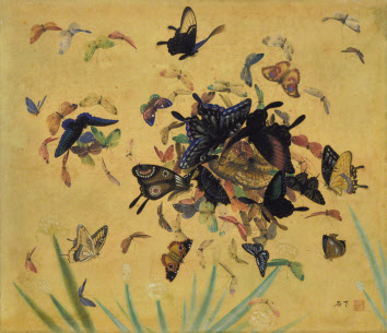 석하 정진철, 화접도 (花蝶圖), 비단에 수묵채색, 48x56cm