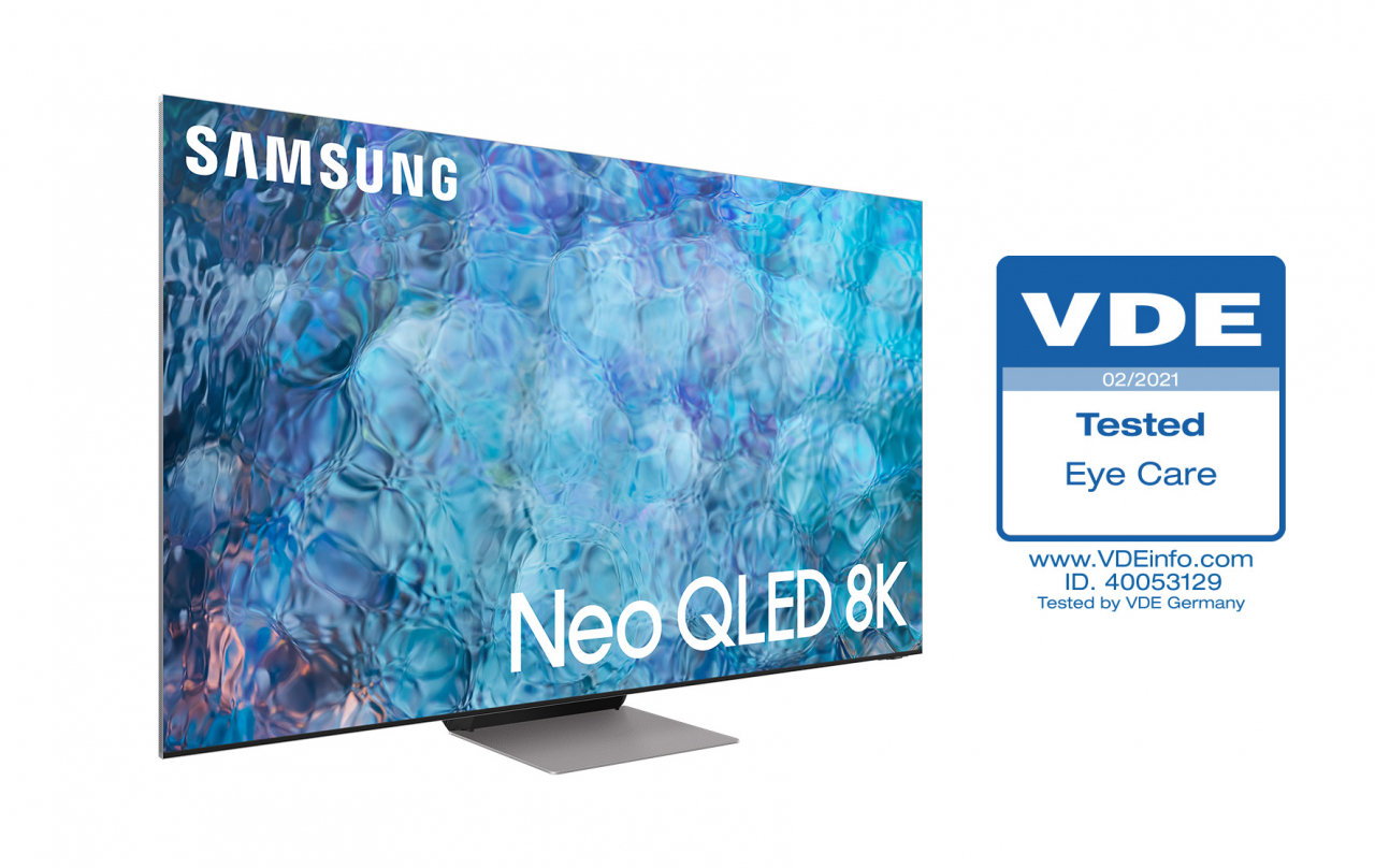 삼성전자 Neo QLED TV 제품 이미지와 독일 VDE ‘아이 케어 인증’ 로고. [삼성전자 제공]