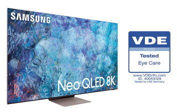 삼성전자 Neo QLED TV 제품 이미지와 독일 VDE ‘아이 케어 인증’로고. [삼성전자 제공]