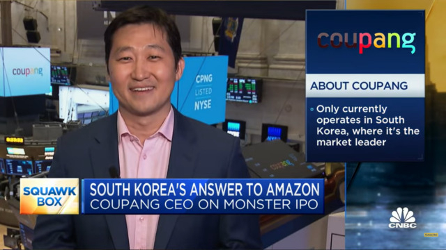 쿠팡 창업자인 김범석 이사회 의장이 미국 경제매체 CNBC와 인터뷰하고 있다. [유튜브 캡처 화면]